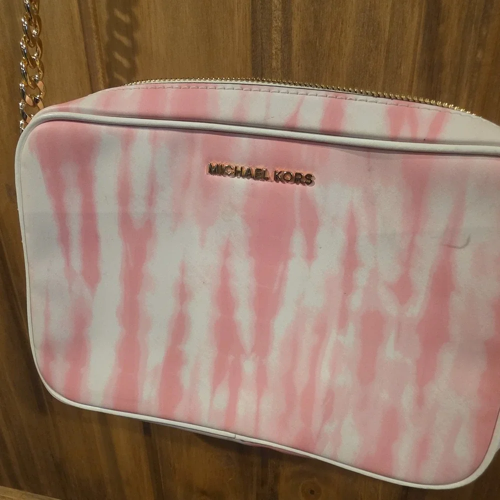Michael Kors‎ Jet Set East West Crossbody Bag Womens Pink White Tie-Dye Leather